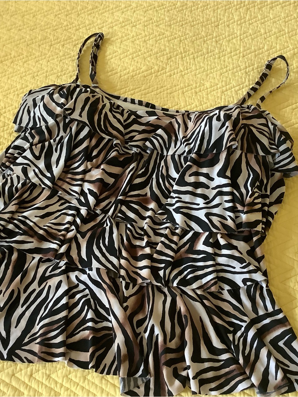 Women's Zebra Print Ruffle Tankini Top - Black, Tan & Crean colored